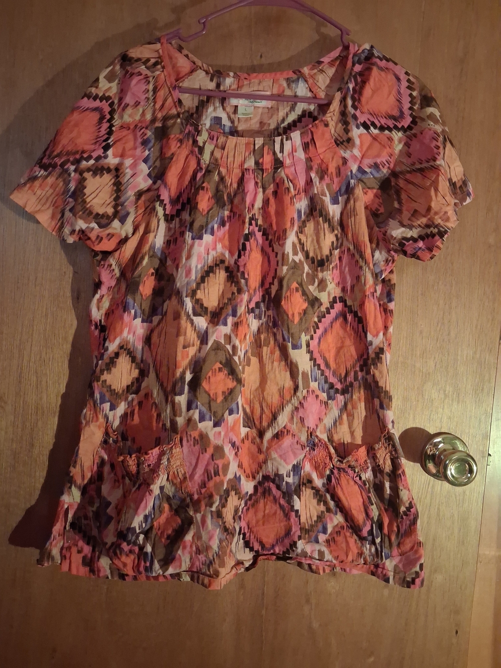 koi Short Sleeve Printed Boho Scrub Top Orange, Pink and Brown